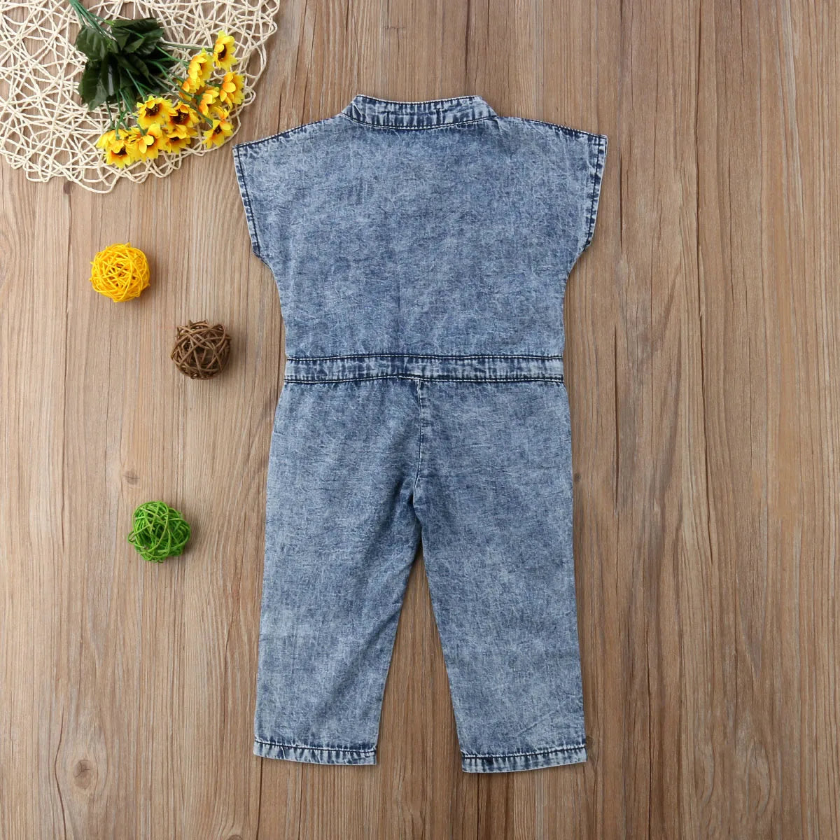 24MO-5T Summer Toddler Baby Girl Fashion Jumpsuits, Denim Blue Short Sleeve, Single Breasted Elastic Waist & Belt Romper 1-5Y