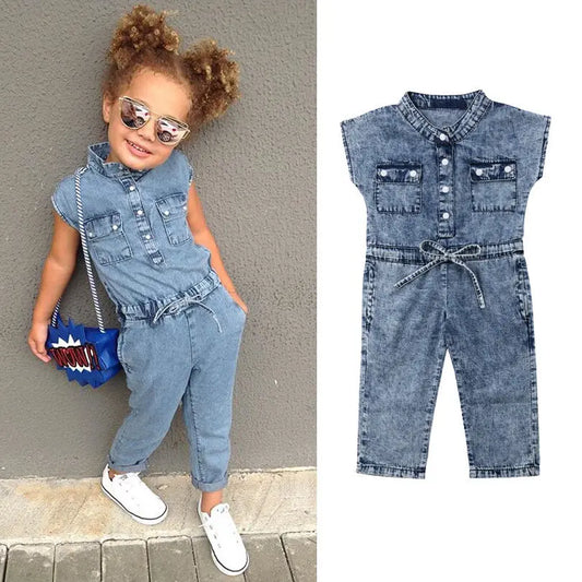 24MO-5T Summer Toddler Baby Girl Fashion Jumpsuits, Denim Blue Short Sleeve, Single Breasted Elastic Waist & Belt Romper 1-5Y