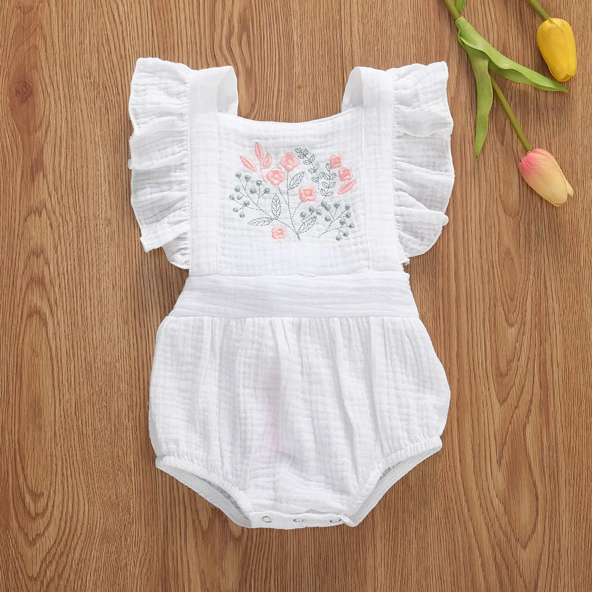 6-24MO Baby Girls Flowers Print Ruffles Short Sleeve Cotton Backless
