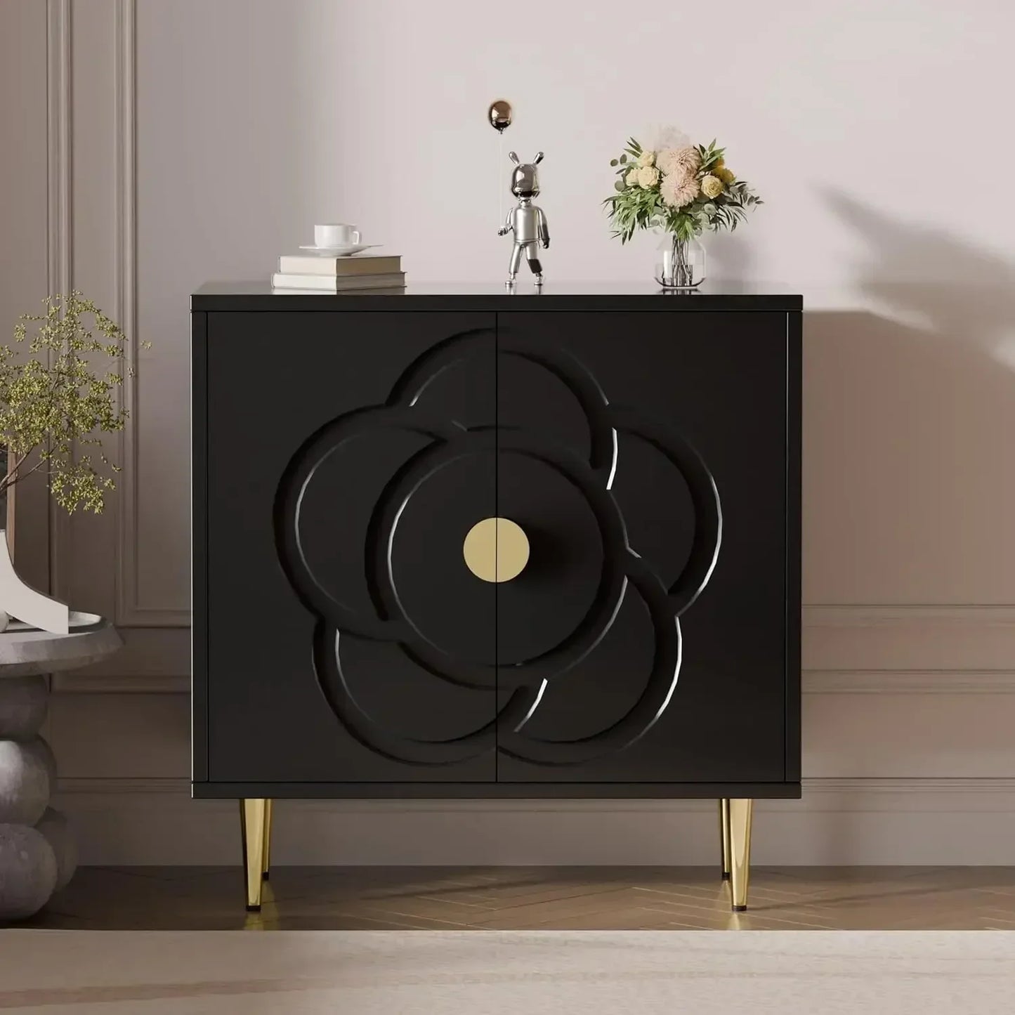 Modern Accent Sideboard Buffet Cabinet for Bedroom, Living Room, Kitchen with Decorative Flower Pattern Doors