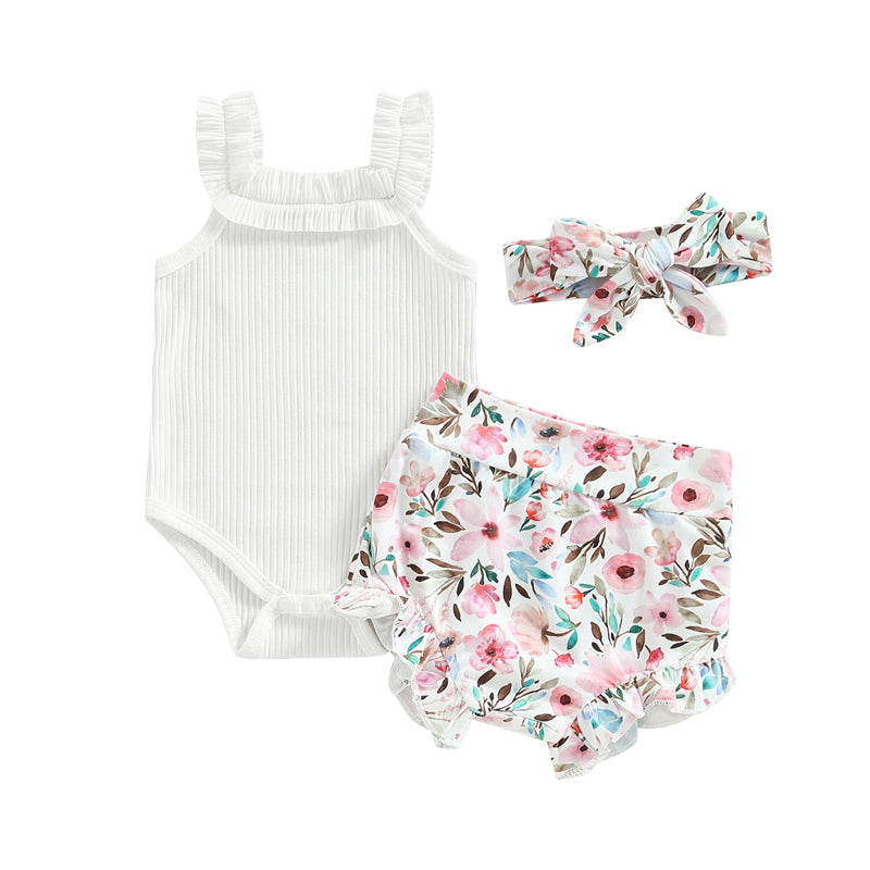 3-18M Baby Girls Shorts Set, Sleeveless Romper, Flower/Rainbow/Print Shorts, Hairband