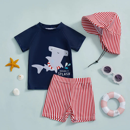3Pcs, 0MO-4Y Boy Swimsuit Set, Shark Print Short Sleeve, Rash Guard Swim Top, Short, Sun Hat,