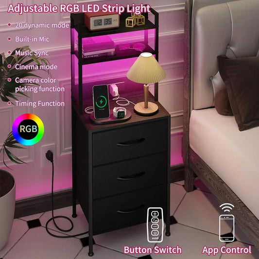 LED side table with U-S-B ports and sockets for charging piles, 3 drawers