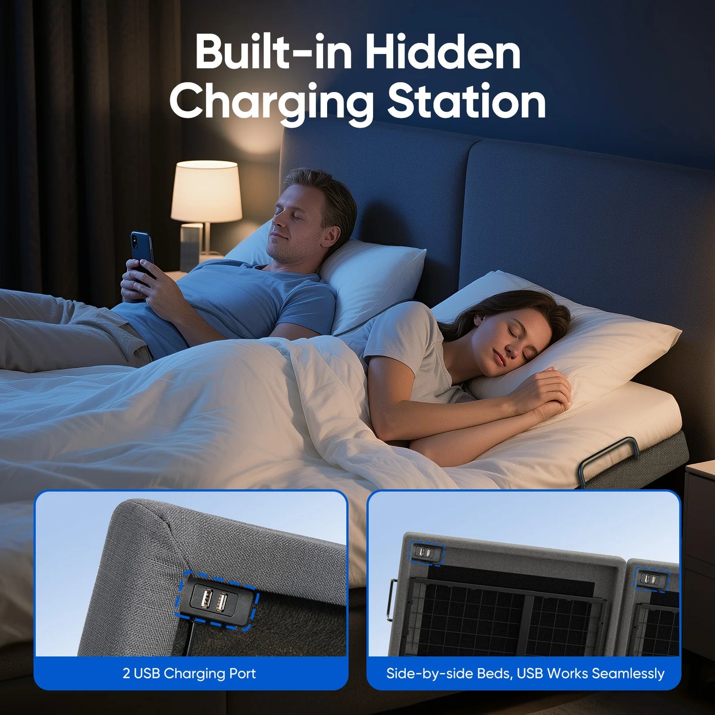 Split King Size Adjustable Bed Base Frame with Massage Silent Double Motor with Wireless Remote Control