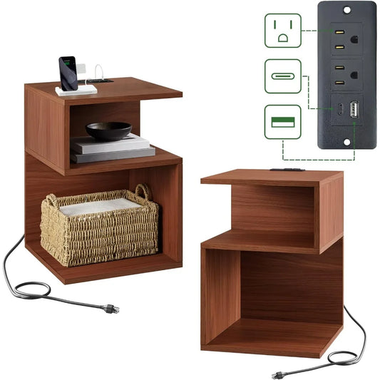 Set of 2 Side Tables with Charging Station, Storage, End Table with USB Ports