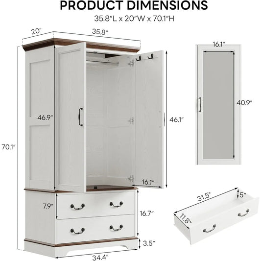 70.1" Wooden Clothing Storage Cabinet with 2 Doors & 2 Drawers