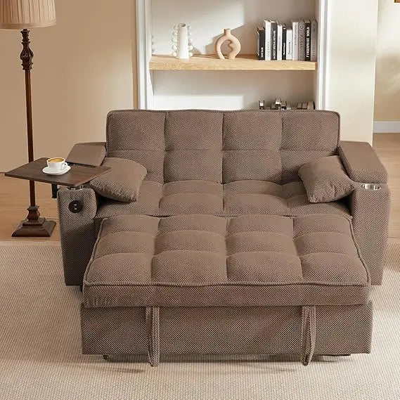 65'' 3-in-1 Queen Size Pullout Sofa, Modern Chenille Fabric, 360° Swivel Side Table