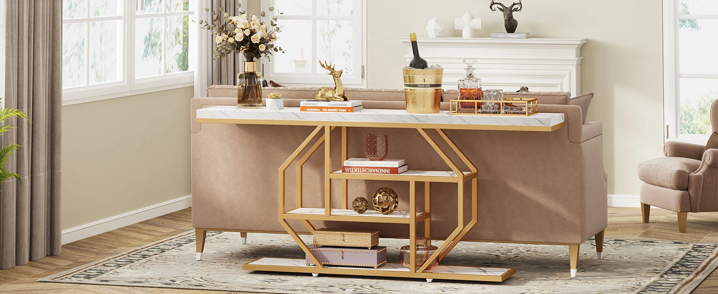 Modern Gold Sofa Table with Storage, 4 Tier