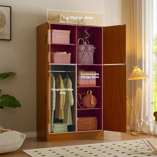 71'' Farmhouse Wardrobe Closet with Hanging Rod, 4 Barn Door Storage Adjustable Shelves