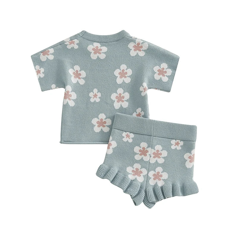 Infant/Toddler Baby Girl Clothes Set, Short Sleeve Floral Print Knit Tops+Shorts