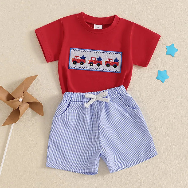 6MO-3T Baby Boy 4th of July Outfit, Short Sleeve Truck/Flag Embroidery T Shirt + Shorts