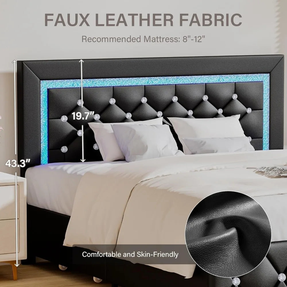 Faux Leather Upholstered Bed Frame with Diamond Headboard, LED Lights and Storage Drawers,
