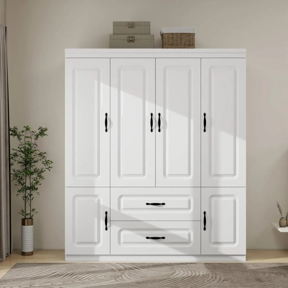 4-Door White Armoire with Drawers and Hanging Rod