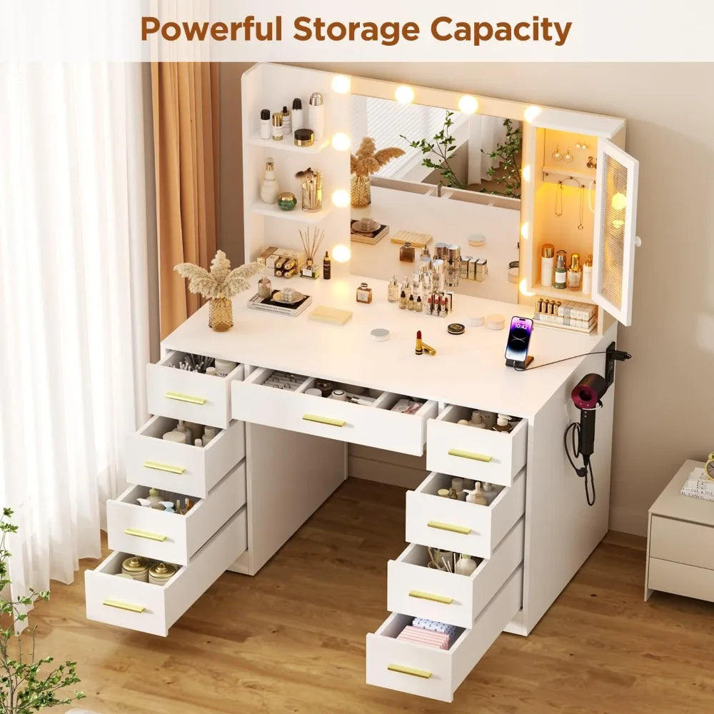 Large 43" Vanity/Desk with Mirror and Lights, 9 Drawers and Power Outlet, 3 Open Shelves and 1 RGB