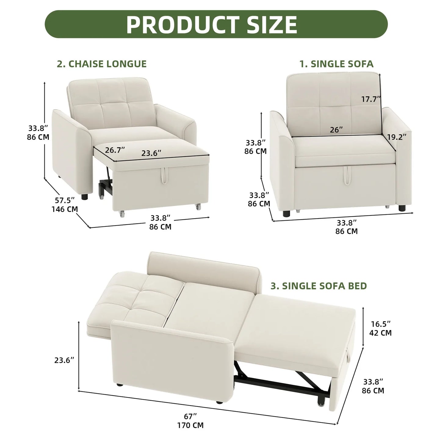 3-in-1 Convertible Velvet Fabric Chair with Button Tufted Backrest
