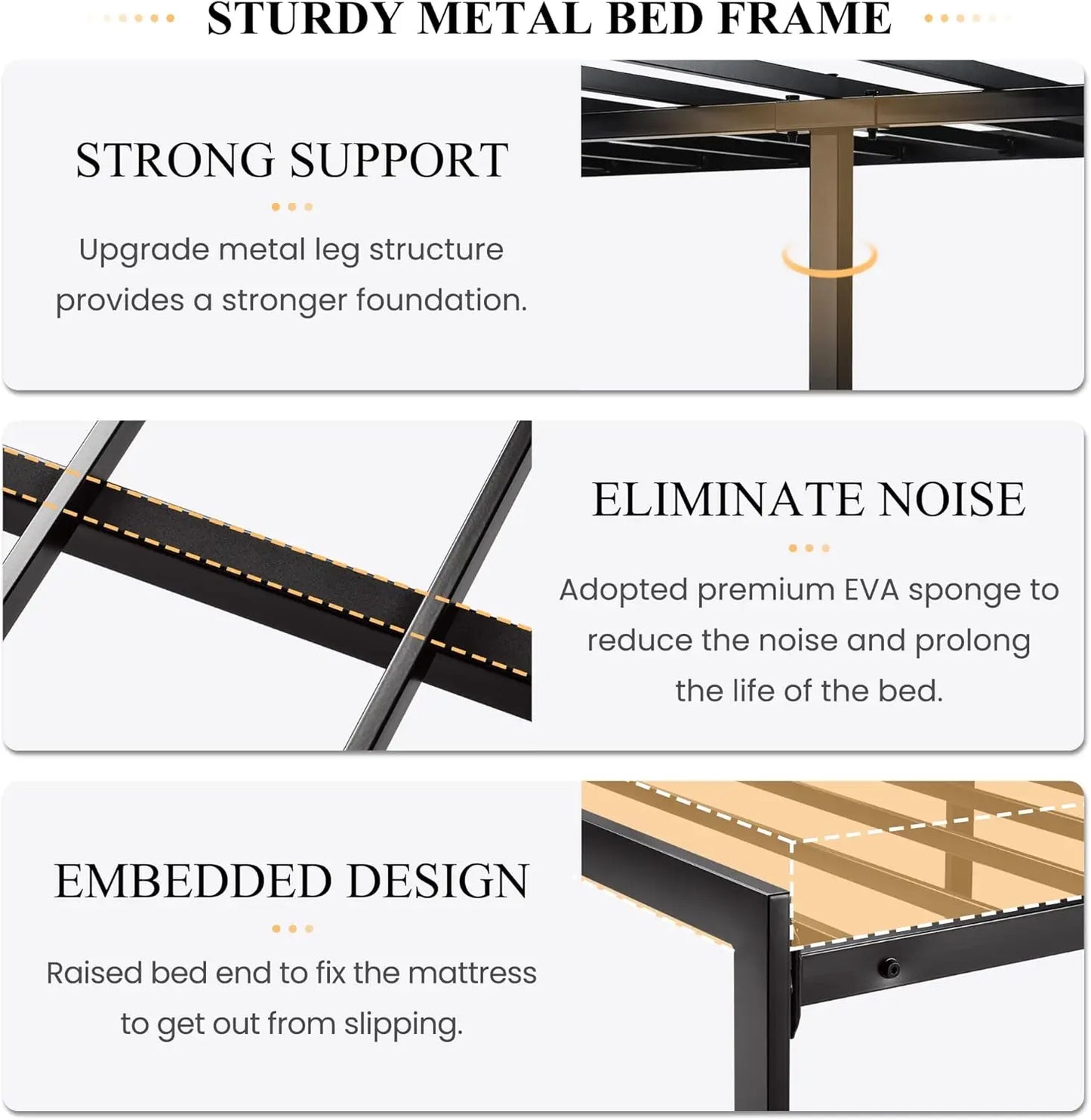 King Size Platform Bed Frame with Upholstered Headboard, Metal Slats Support, Noise Free