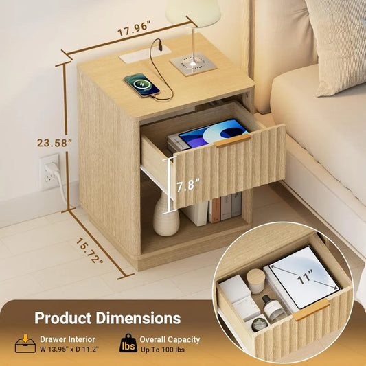 Set of 2 18" Side Tables with Charging Station, Drawer & Open Shelf