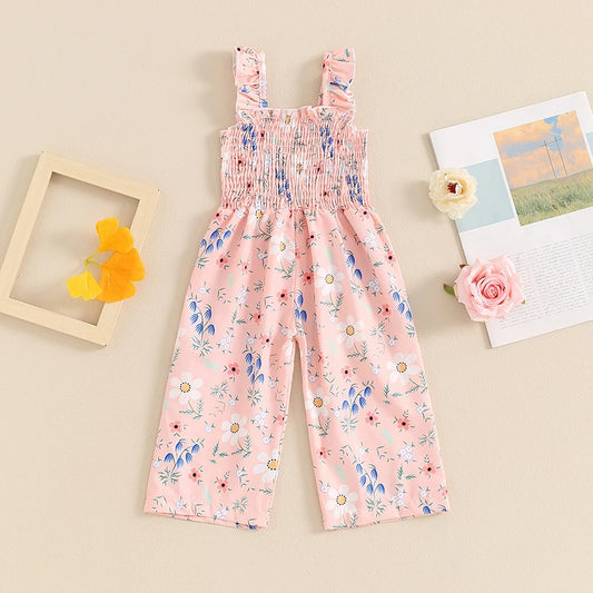 12MO-4T Lovely Baby Girls Summer Jumpsuit, Sleeveless Strap, Floral Print, Wide Leg Pants