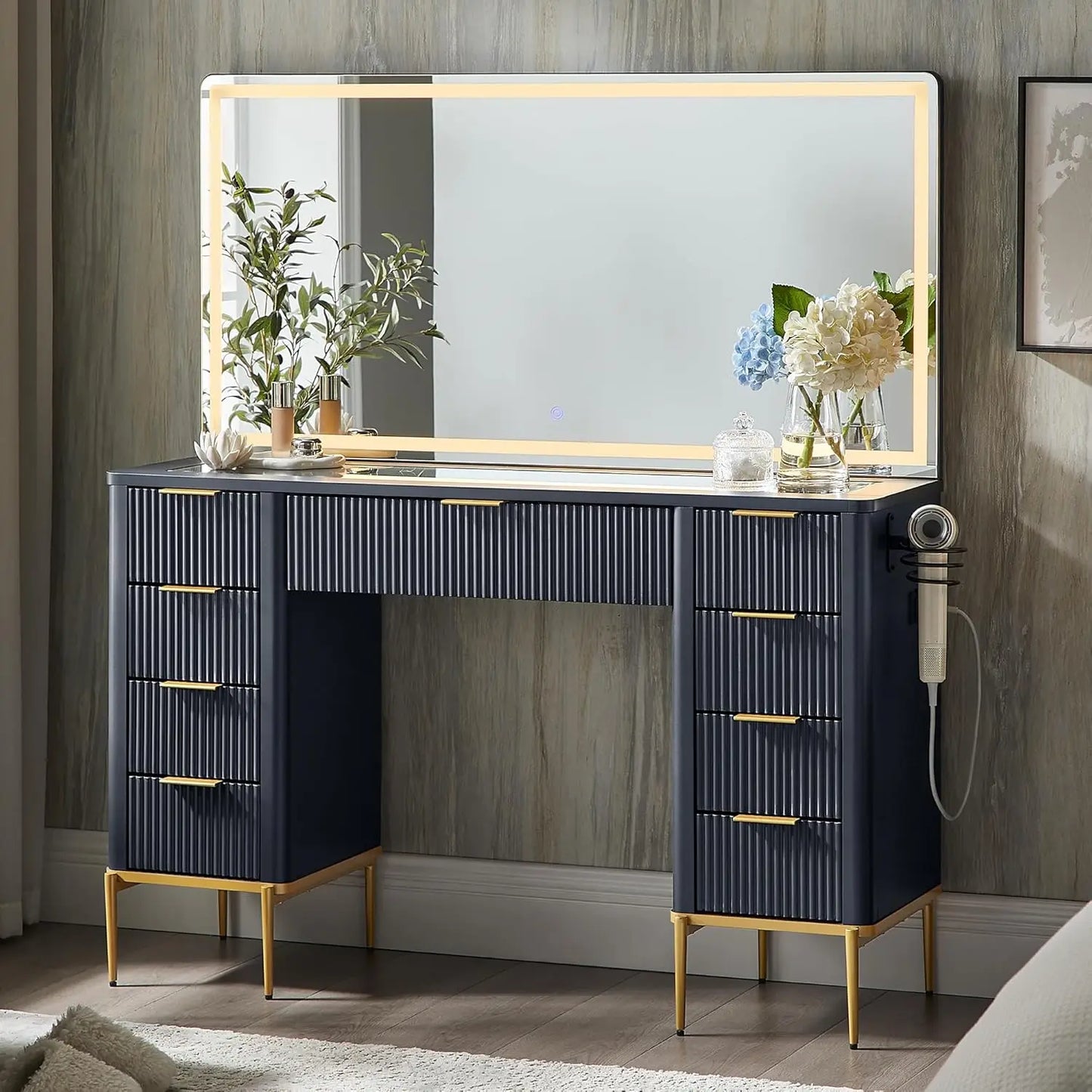48" Vanity/Desk with 48" Large Mirror and HD Lights with 9 Drawers & Charging Station