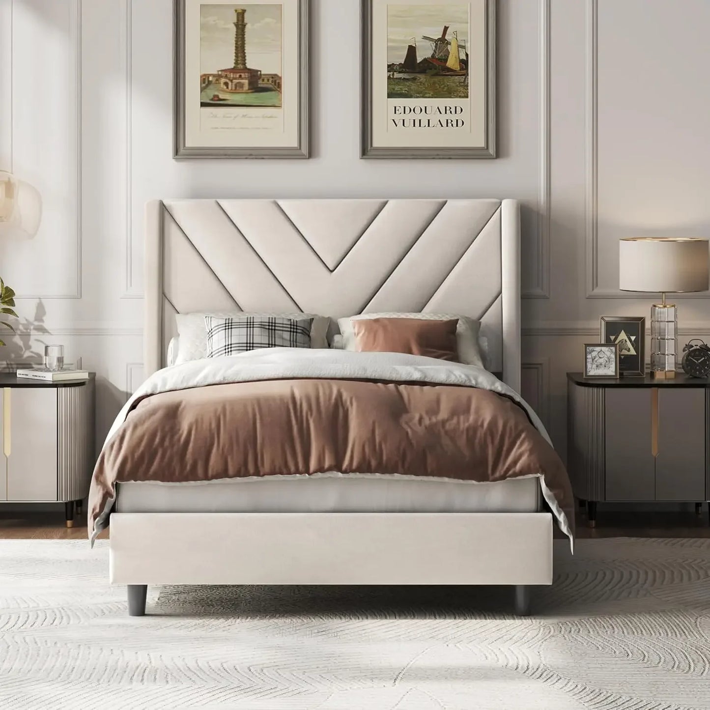 Upholstered Platform Bed with Wing Side/Wooden Slat Support/Tufted Headboard