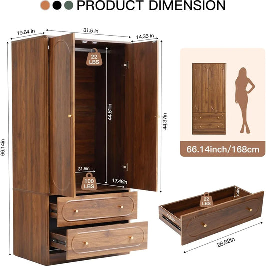 Freestanding Armoire Closet with 2 Doors and 2 Storage Drawers