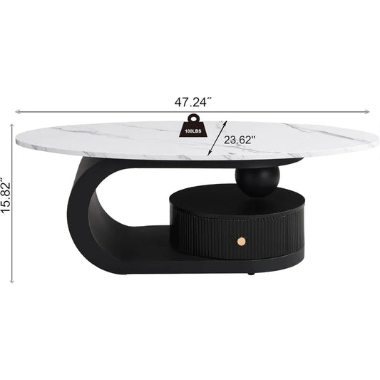 2-Piece Modern Oval Decorative Coffee Center Table with White Faux Marble Top