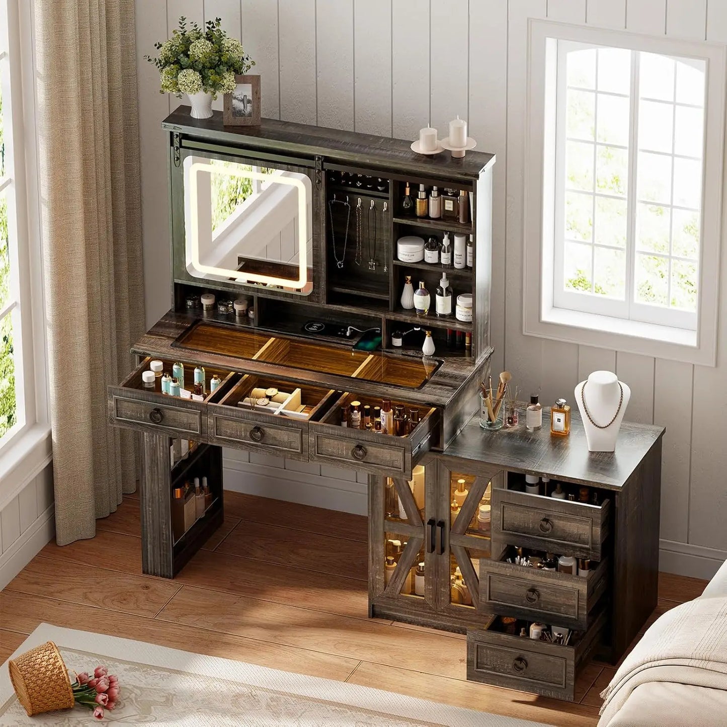 Vanity Desk with Sliding Mirror and Lights with Jewelry Storage