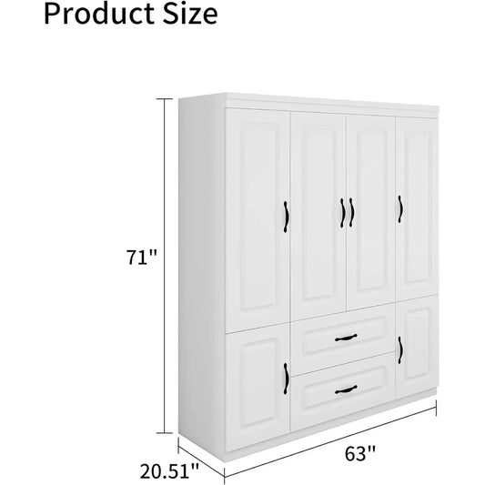 4-Door White Armoire with Drawers and Hanging Rod