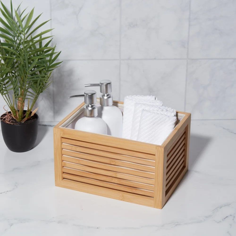 Bamboo Slatted Basket Organizer Decorative Storage Rectangle Lined Multiuse