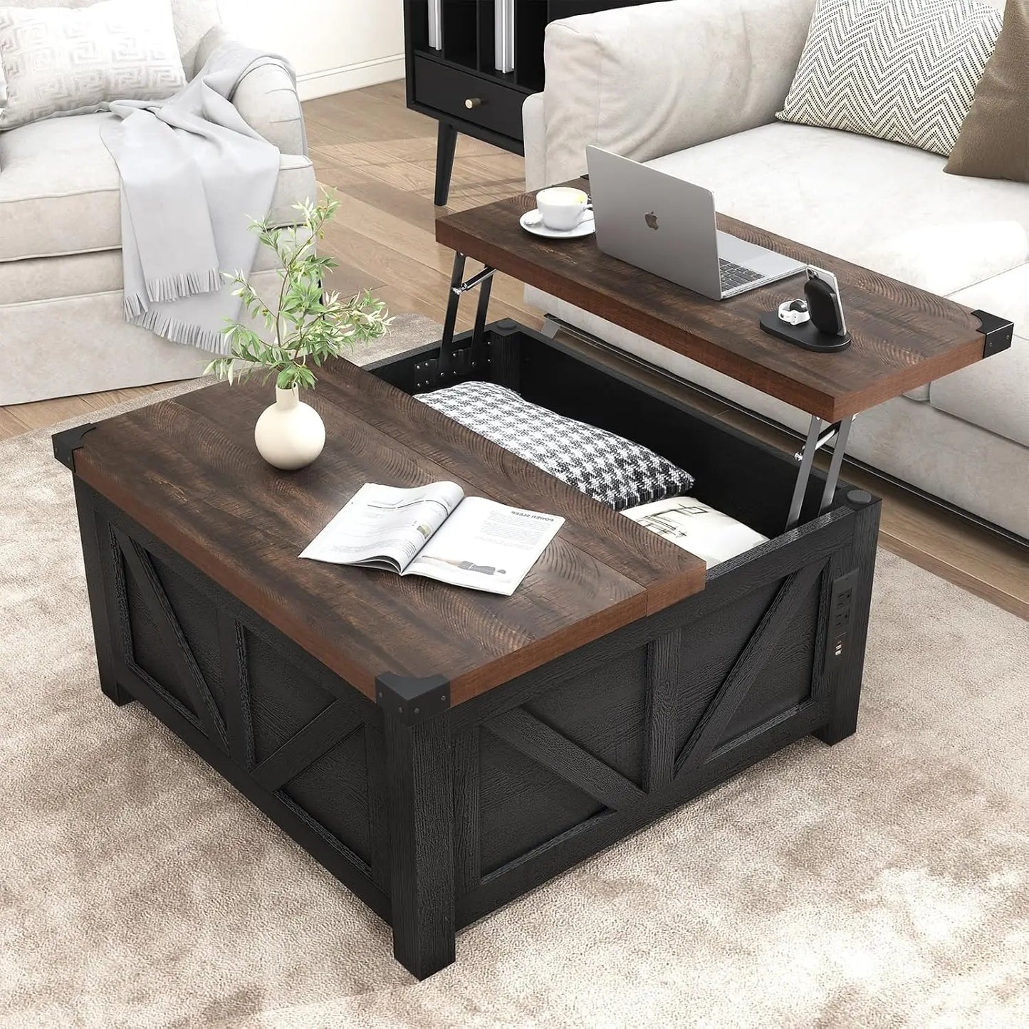 Farmhouse Lift-Top Coffee Table w/ Storage & USB Charging Station