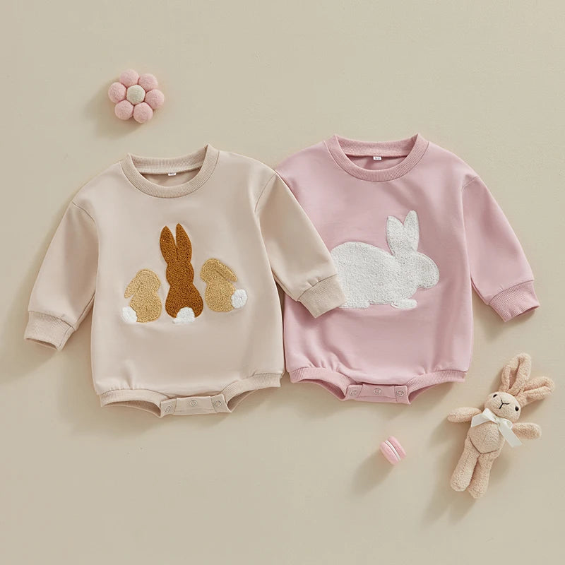0-18MO Baby Girl/Boy Easter Bunny Embroidery Sweatshirt, Long Sleeve, O-neck Jumpsuit