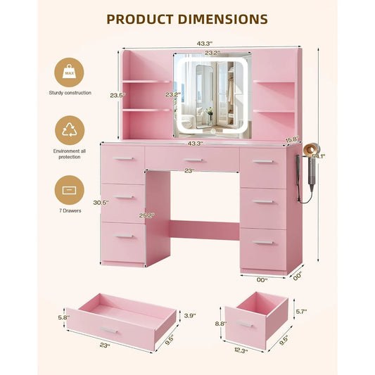 Vanity Desk. Pink, 43.3'Wx15.7'Dx53.2'H (Smart LED Mirror, 4 Open Shelves, 7 Drawers, Hairdryer Rack, Power-Outet)