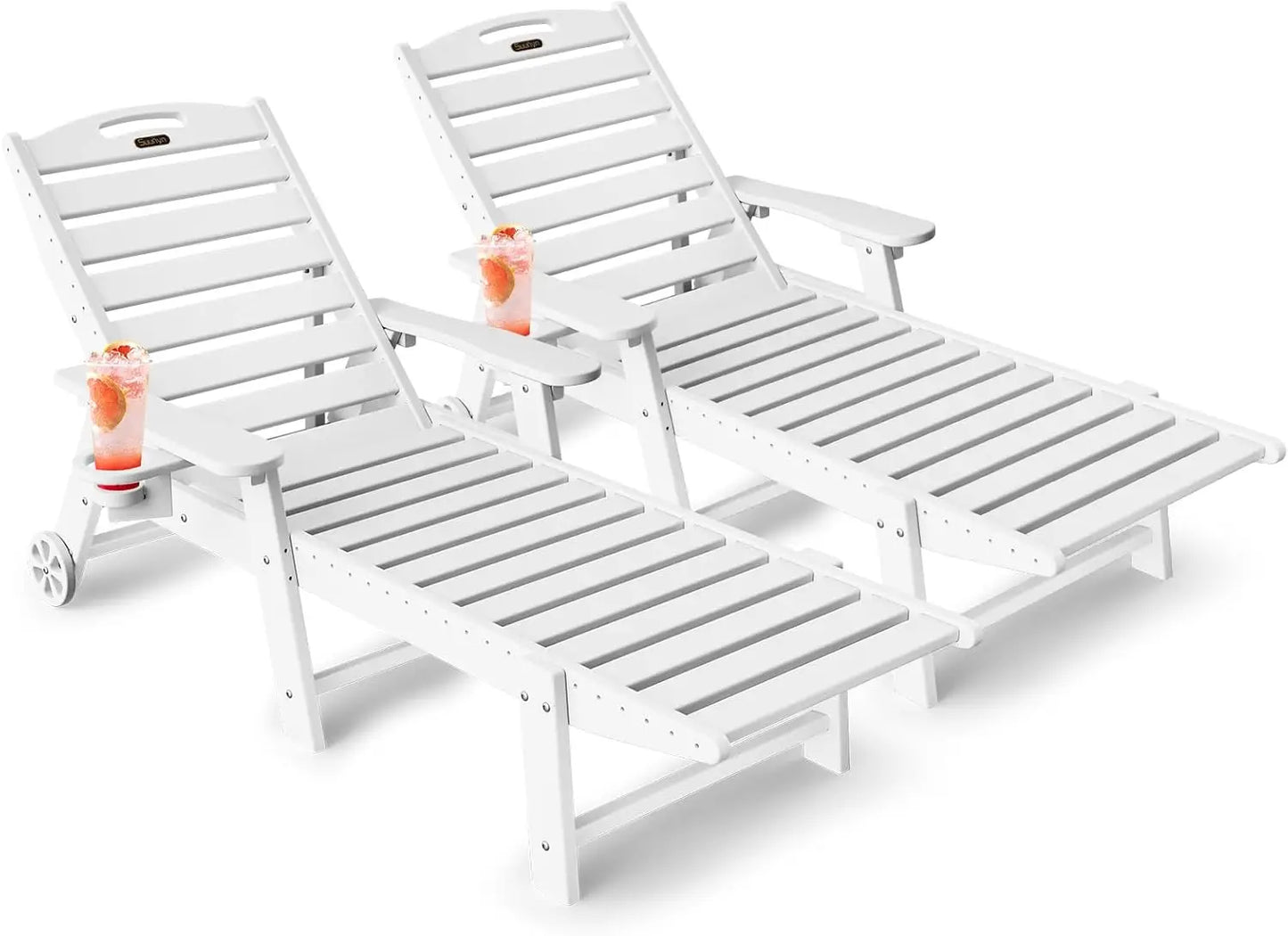 Set of 2, Outdoor Chaise Lounge with 6-Position with Wheels & Cup Holder