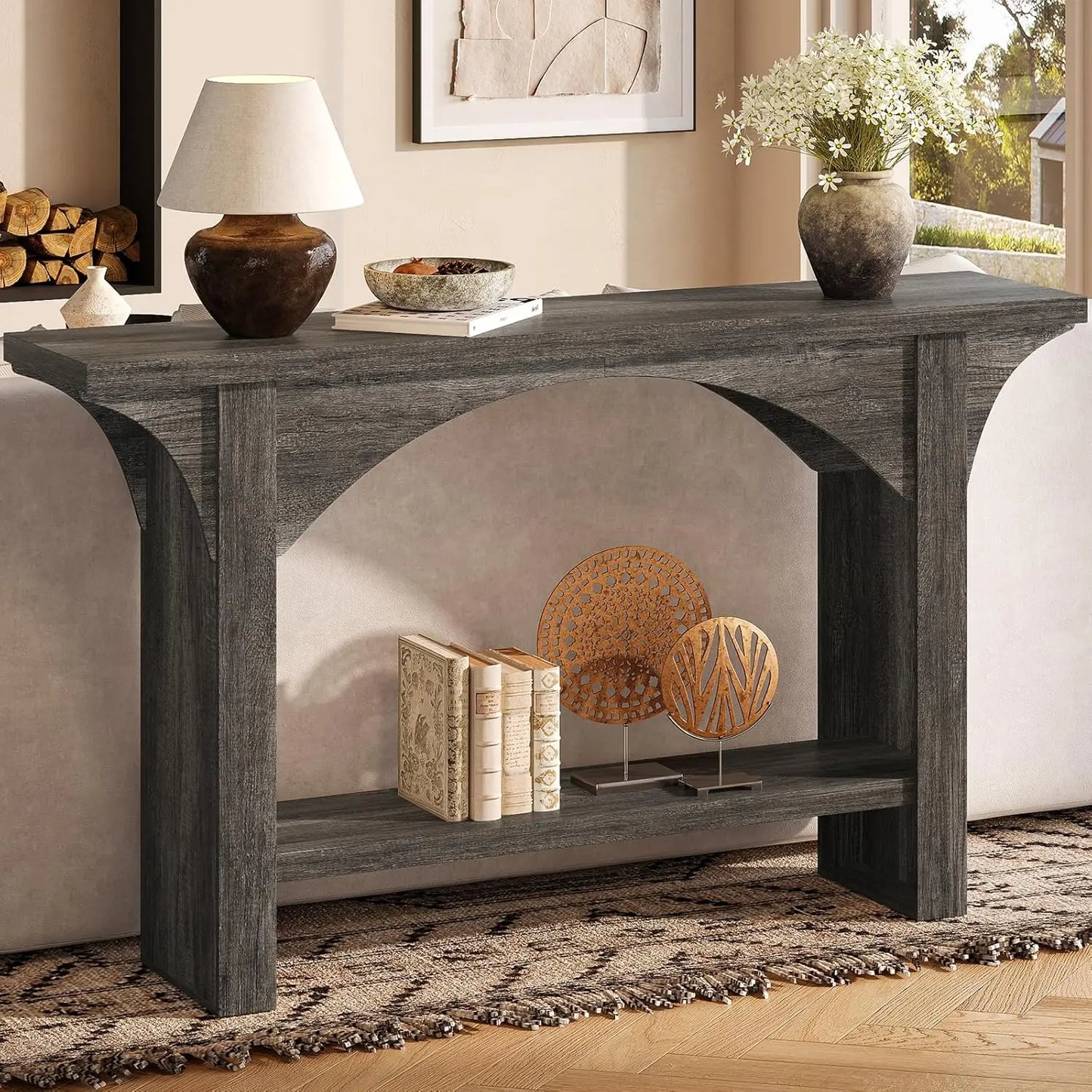 55 Inches 2 Tier Farmhouse Entryway Table