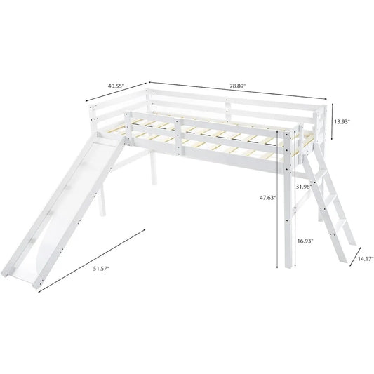 Space Saving Kids Low Loft Bed with Guardrail and Ladder, Pine Wood and Sturdy Bed Frame