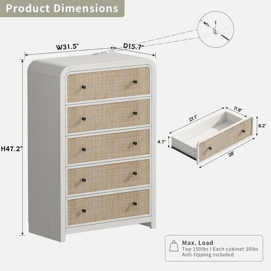 47'' 5 Drawer Rattan Dresser with Ample Storage