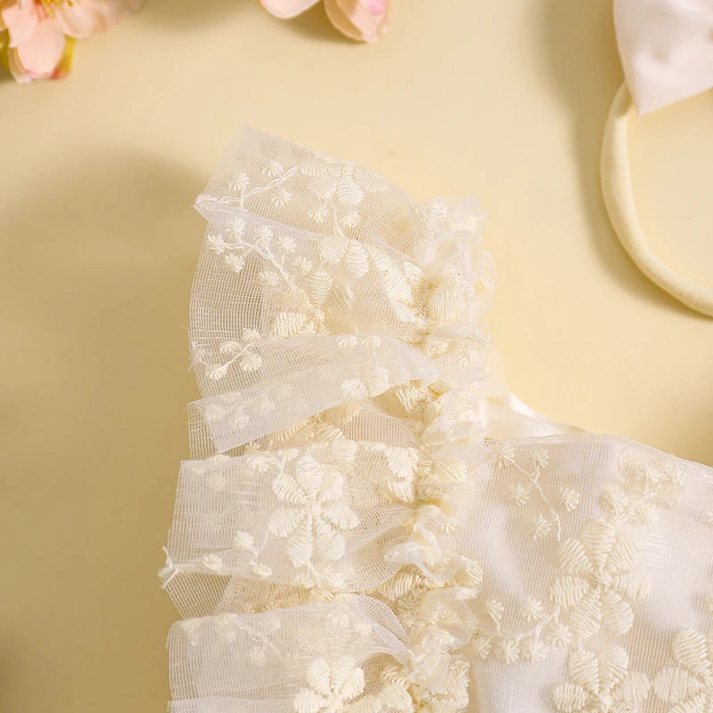 2Pcs 6-24M Baby Girl Summer Ruffle Sleeve Square Neck Lace Romper Dress with Headband Set