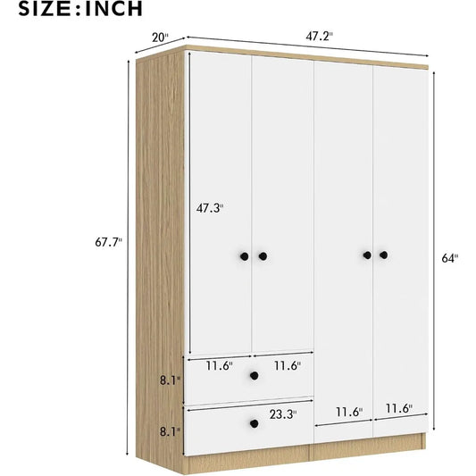 4-Door White Wooden Armoire Wardrobe Closet with 2 Drawers and 2 Hanging Rods