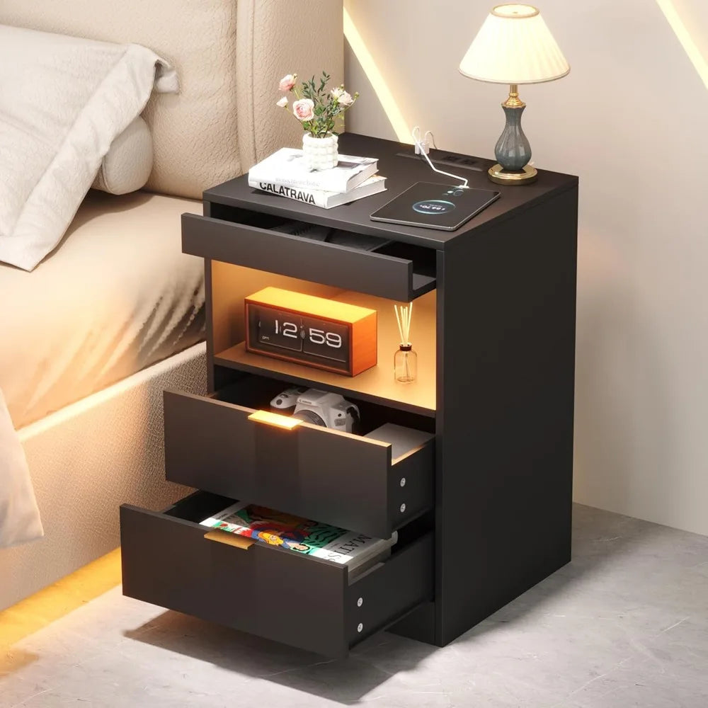 LED Side stand with Charging Station, with 2 Pull-out drawers and Pull-out Shelf