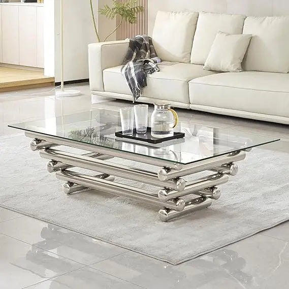 55" Rectangular Tempered Glass Top with Stainless Steel Legs