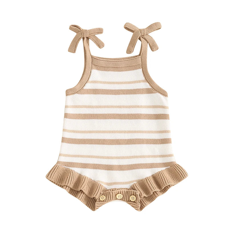 0-18M Cute Baby Girls Summer Romper, Sleeveless Bow Strap, Ruffle