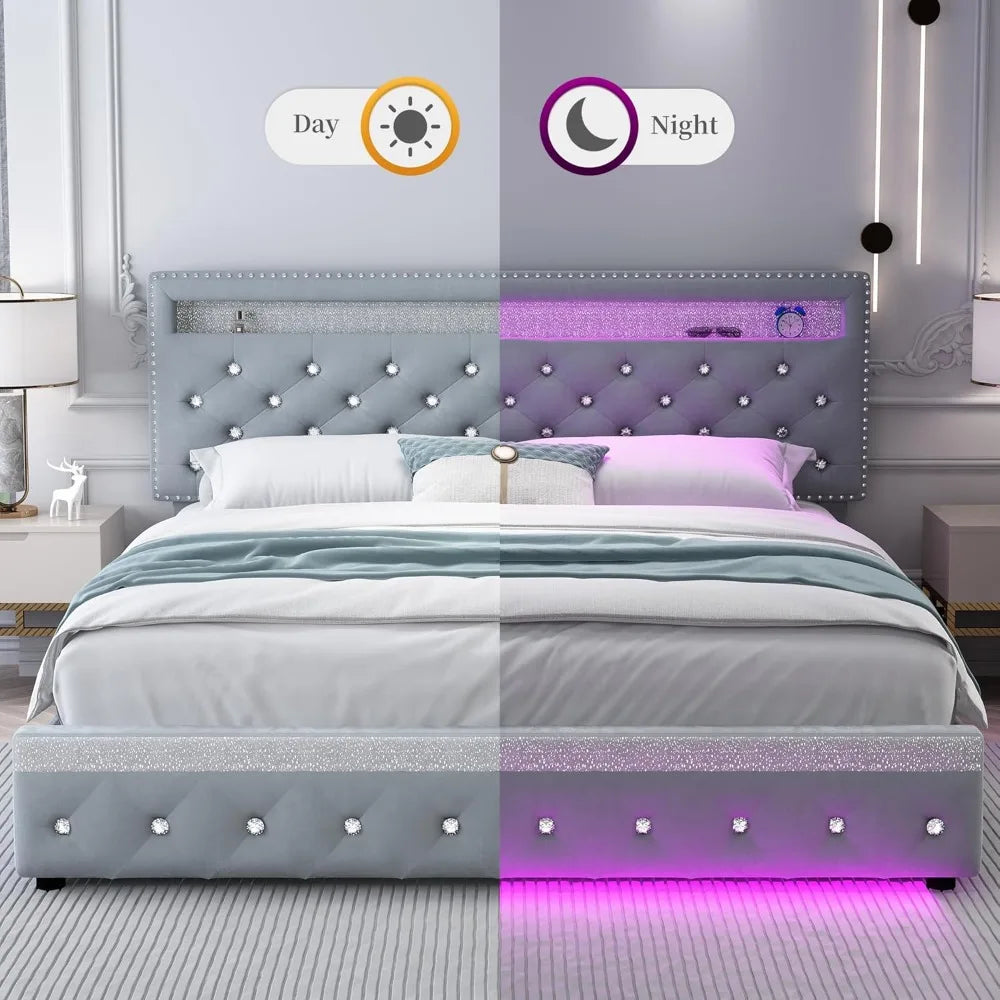 LED Platform Bed Frame with 2 Drawers, Storage