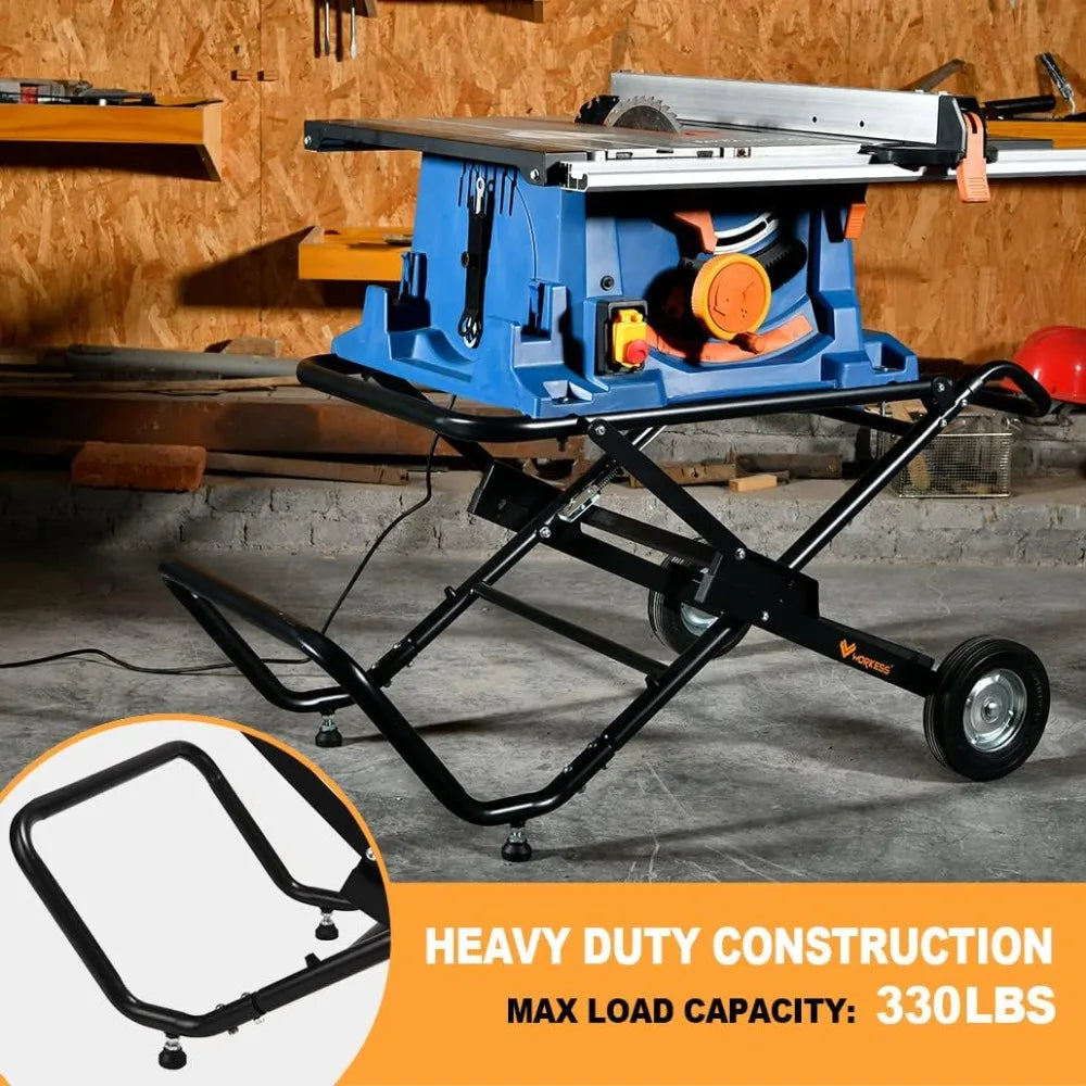 330 Lbs Load Capacity Rolling Foldable Table Saw Table with 8 Inch Wheels, Heavy Duty Construction