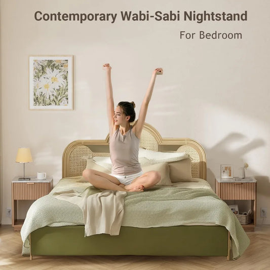 Set of 2, Nightstands with Charging Station 18" Bedside Table with Color Top, with Drawer & Open Shelf