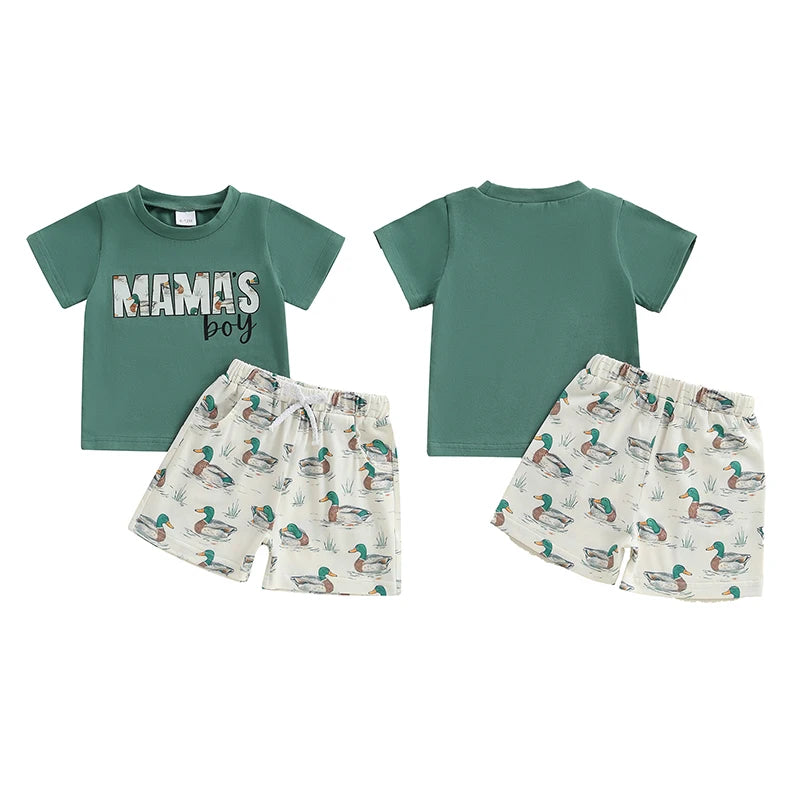 12M-4Y Boys Summer Shorts Sets, Short Sleeve, O Neck, Letter Print Tops and Duck Print Shorts Sets