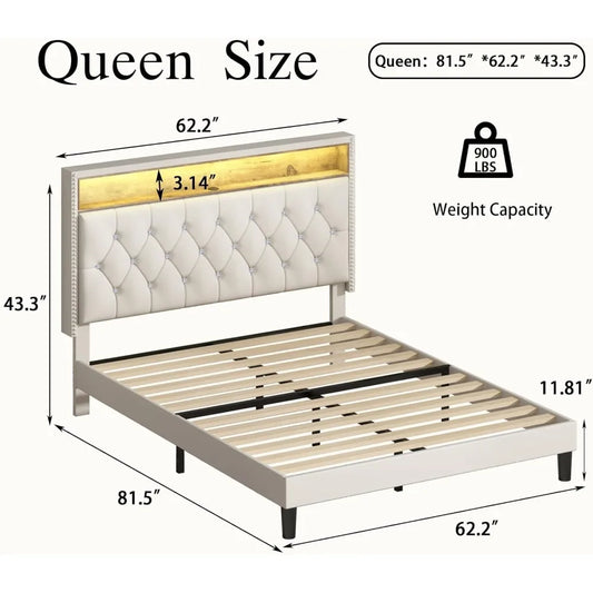 Velvet Upholstered Platform Bed with Storage Headboard and Charging Station, LED Lights