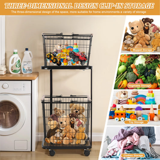 2 Tier Rolling Laundry Basket with Wheels Metal Storage Cart