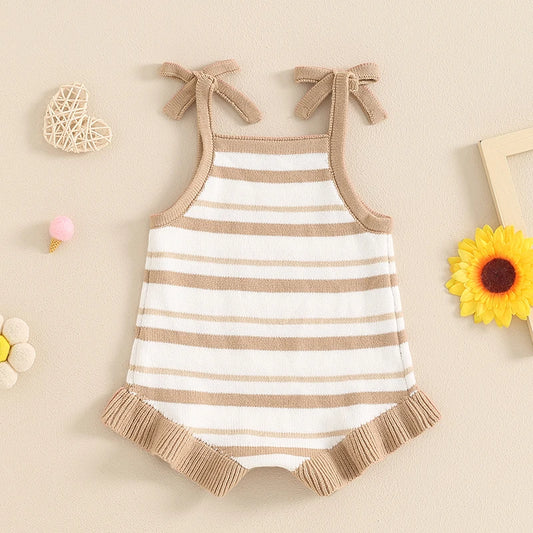 0-18M Cute Baby Girls Summer Romper, Sleeveless Bow Strap, Ruffle
