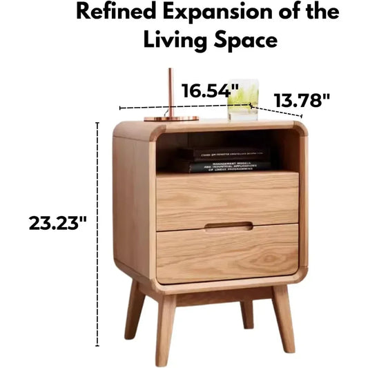 100% Solid Oak Wood Nightstand with Drawer & Storage Shelf