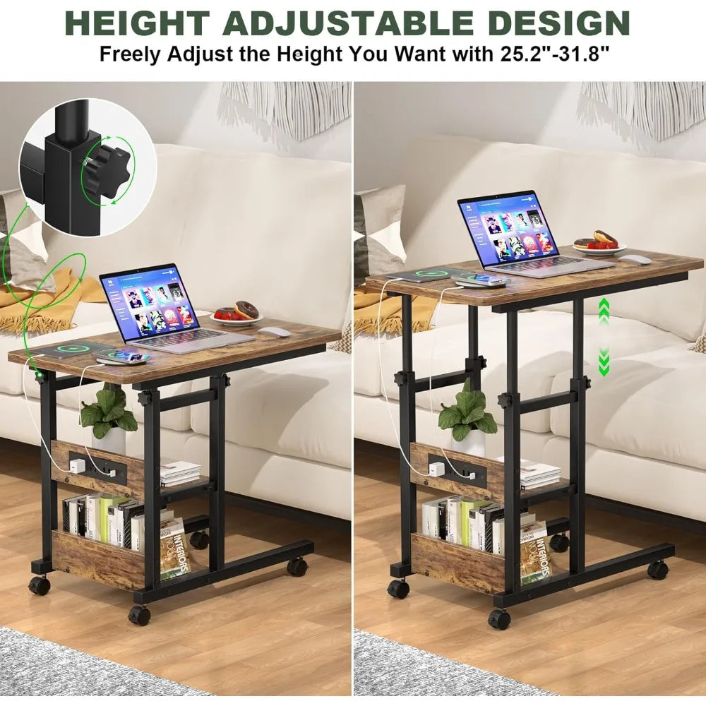 C Shaped Adjustable Height End Table with Charging Station, TV Tray with Wheels Slide Under Sofa/Bed